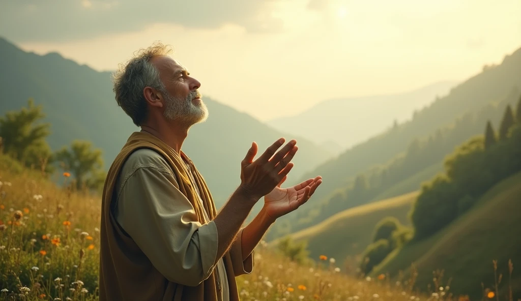 man,thanking God with open hands, landscape