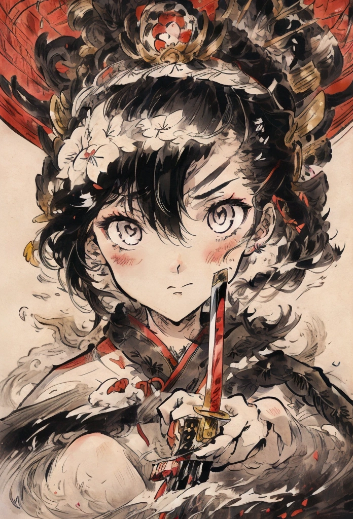 Anime Character Design　Anime Character Reference Sheet　Concept Character　black and white manga style　Taisho Romance　action　Japanese sword　man　Women　samurai　delicate
