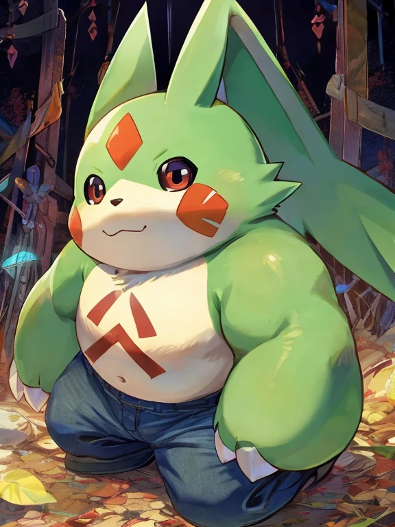 gargomon(Digimon)、Green body、Red pattern on face、Round eyes、Jeans on the lower body、Upper body naked、official、anime、Big, long ears