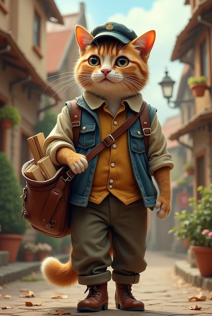 A mail cat who wearing clothes and bag