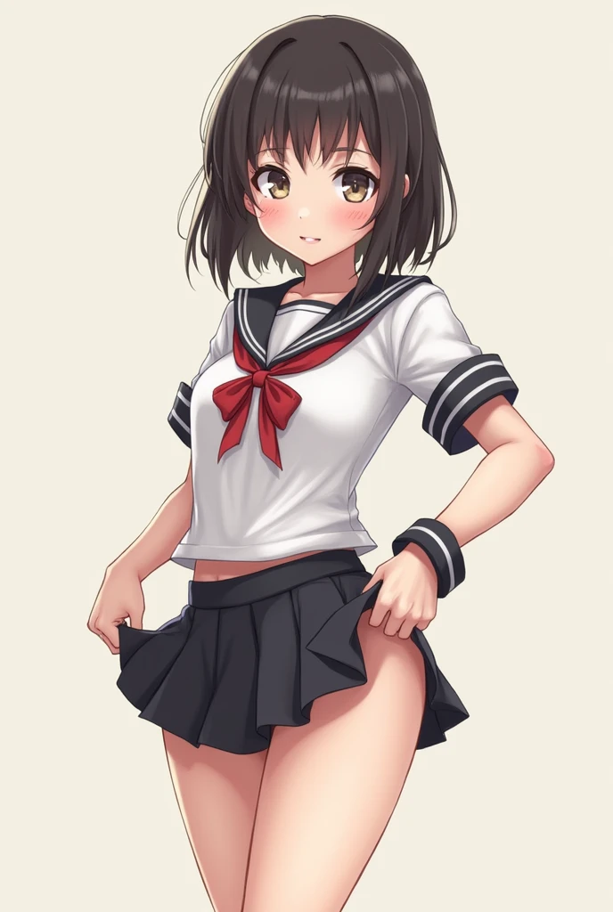 loli, small breasts, exposing your navel, Slim legs, full body, black short skirt