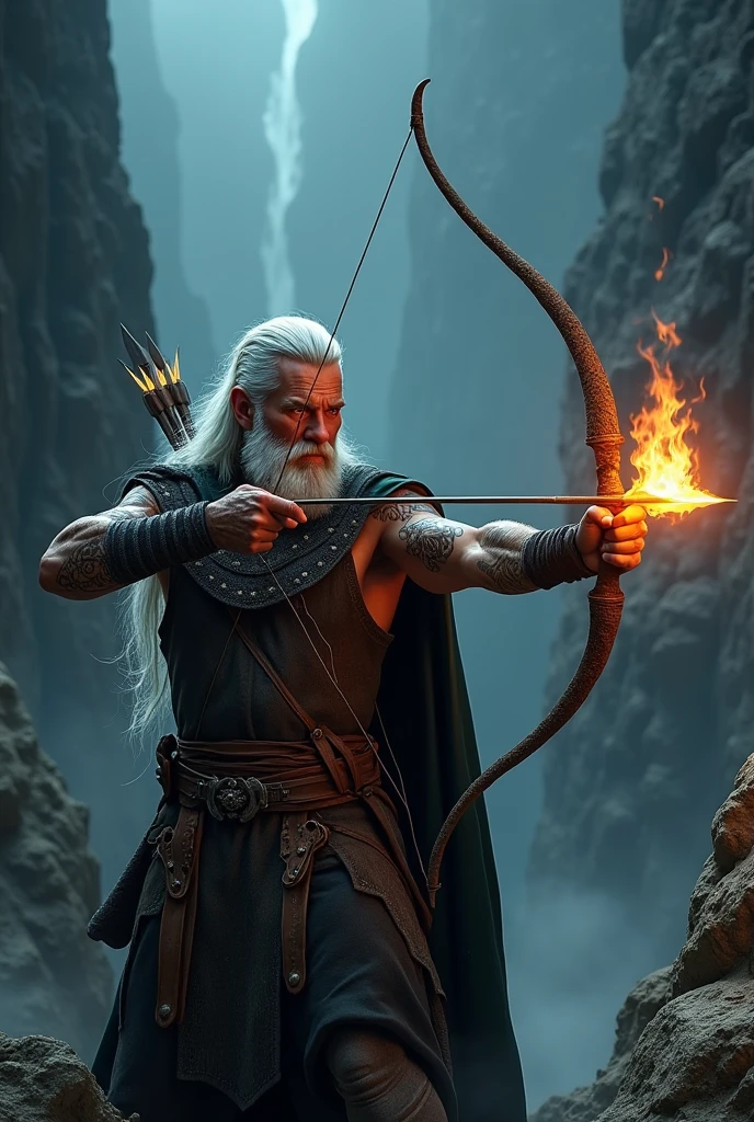 Viking archer flaming arrow with tattoo on face and arm white hair at night in a canyon in 4K