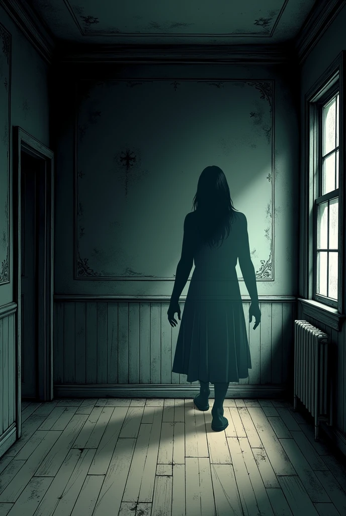 Create a comic-like image following this text: The room is now empty, but the shadow of a sinister figure is seen on the wall behind Sarah.