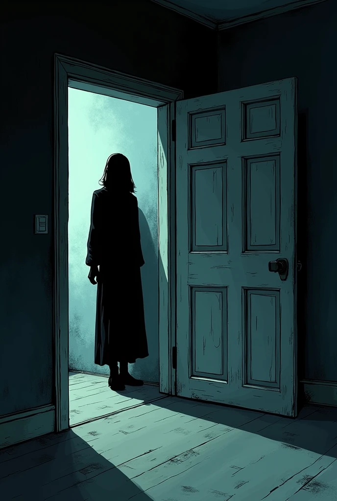Create a comic-like image following this text: The room is now empty, but the shadow of a sinister figure is seen on the wall behind Sarah.