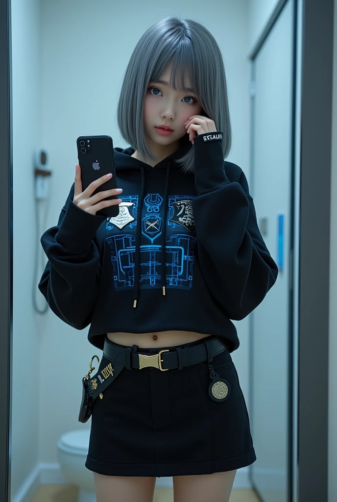 highly detailed, beautiful, hyper Realistic girl, masterpiece, best quality, Depict a mysterious and sophisticated beautiful Japanese gravure model,, 28-years-old, identity hidden, all body shot, / gray arranged hair, small head, Detailed face, cute and Pretty slim face, wide Duck mouth, perfect beautiful Tooth, arranged gray hair, shiny eyes, blue-colored eyes, Realistic skin, Detailed face, / Top: A black cropped hoodie made from soft, high-quality sweat material, featuring luminescent blue circuitry patterns and silver badges on the chest, blending the cyberpunk and police officer styles.
Bottom: A fitted, knee-length skirt crafted from the same sweat material, with metallic silver accents and a subtle holographic side stripe. The skirt maintains a sleek, streamlined look while offering comfort and style.
Footwear: Stylish black ankle boots with neon blue soles, made from a blend of sweat material and durable synthetic overlays, ensuring both comfort and a futuristic vibe.
Accessories: A minimalist sweat material belt with gold buckles, paired with matching gold earrings and LED-enhanced gloves, enhancing the outfit’s authoritative presence while keeping it cozy and chic. //// simple white single room, gray frame mirror, complicated background /// takes a selfie in her room using a smartphone in front of a mirror with one hand, standing and fashion model Posing, all body below shot, looking away from the camera,
