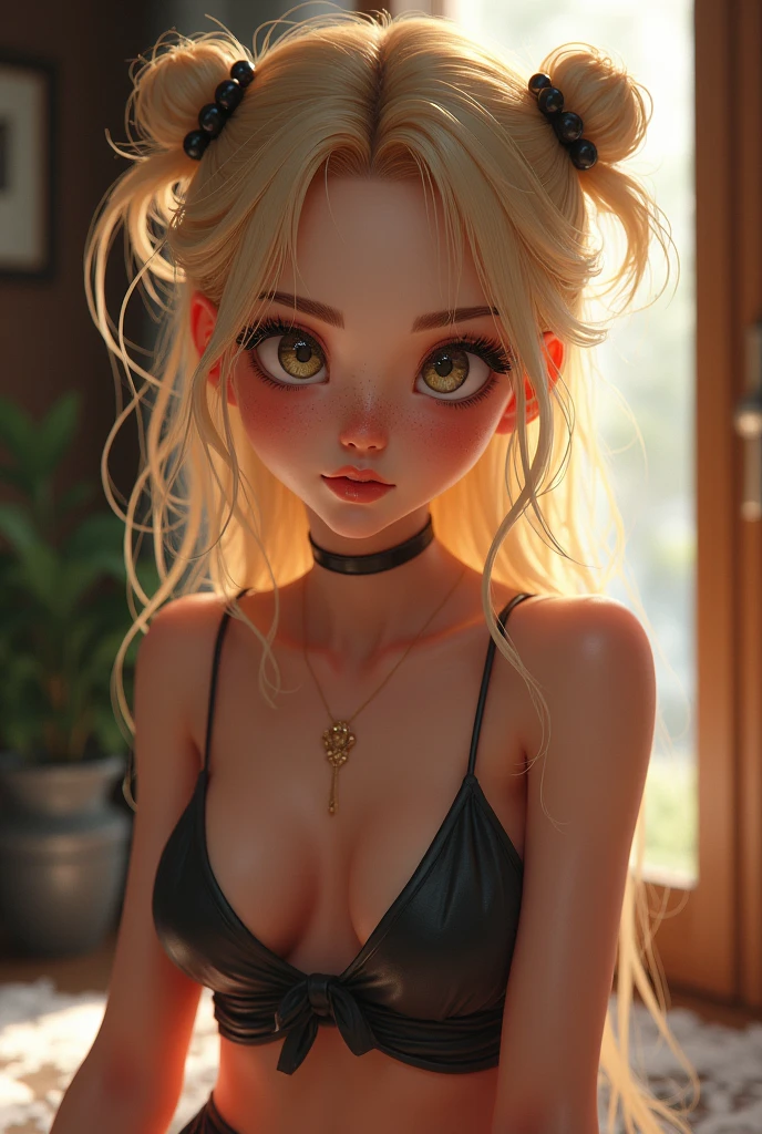 hair bobbles, longeyelashes, solid circle eyes, light smile, ear blush, ccurate, blonde hair, mole under eye, naughty, sexy, mini skirt, young, Expressionism, Hyperrealism, 8k, super detail, best quality, award winning