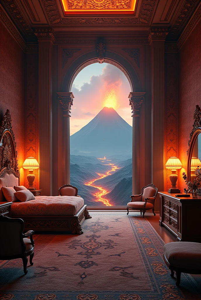 inside a beautiful and large room that has several chairs, mirrors and a bed that is in an area where there is lava and a volcano.
