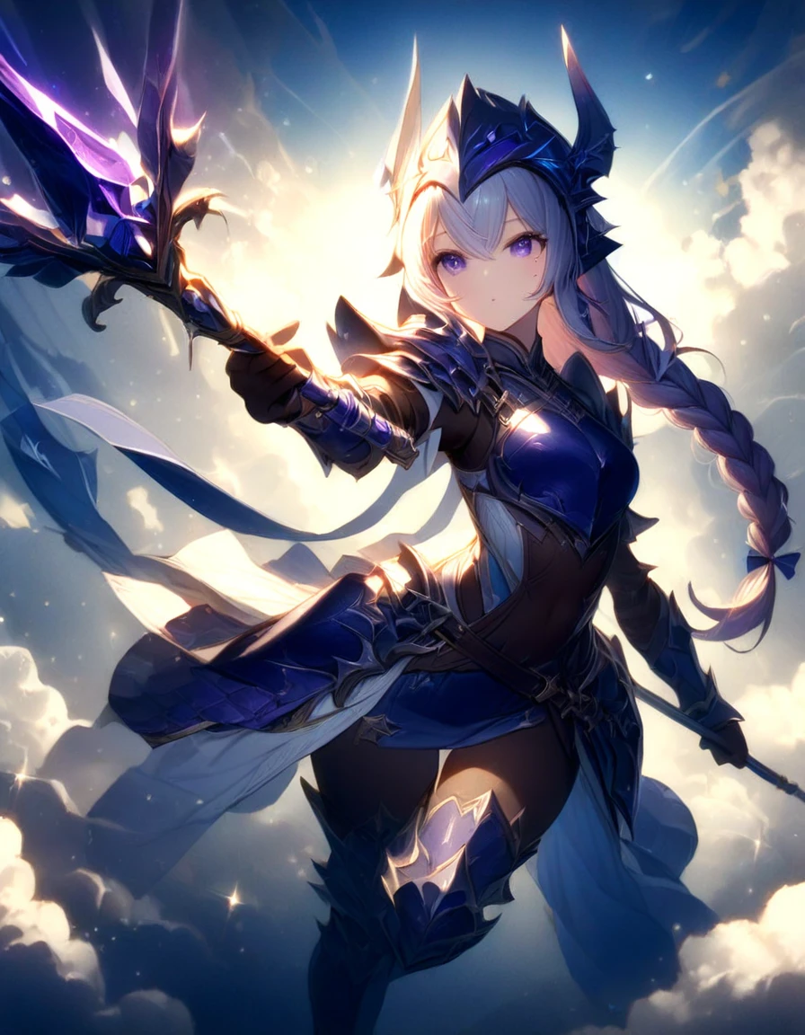 (One Woman),(Best image quality, 32K, masterpiece:1.3),((Silver long hair:1.1)),(Swept-apart bangs,Braiding), (Cute eyes, Dark Eyes), (Detailed eyes),(Mole under right eye), (Standard weight), (Glowing Skin:1.1),(Pale skin:1.2),(A fantastic atmosphere),(look up),Ultra-high resolution, Textured skin, Sparkle Effect, Full body Final Fantasy,female dragon knight,Violet plate armor,Blue-purple dragon helmet,

blue sky,cloud,jumping in the sky,jump,Jump high into the sky,

ホールディング-大gun, 大gun,ホールディング-gun,gun