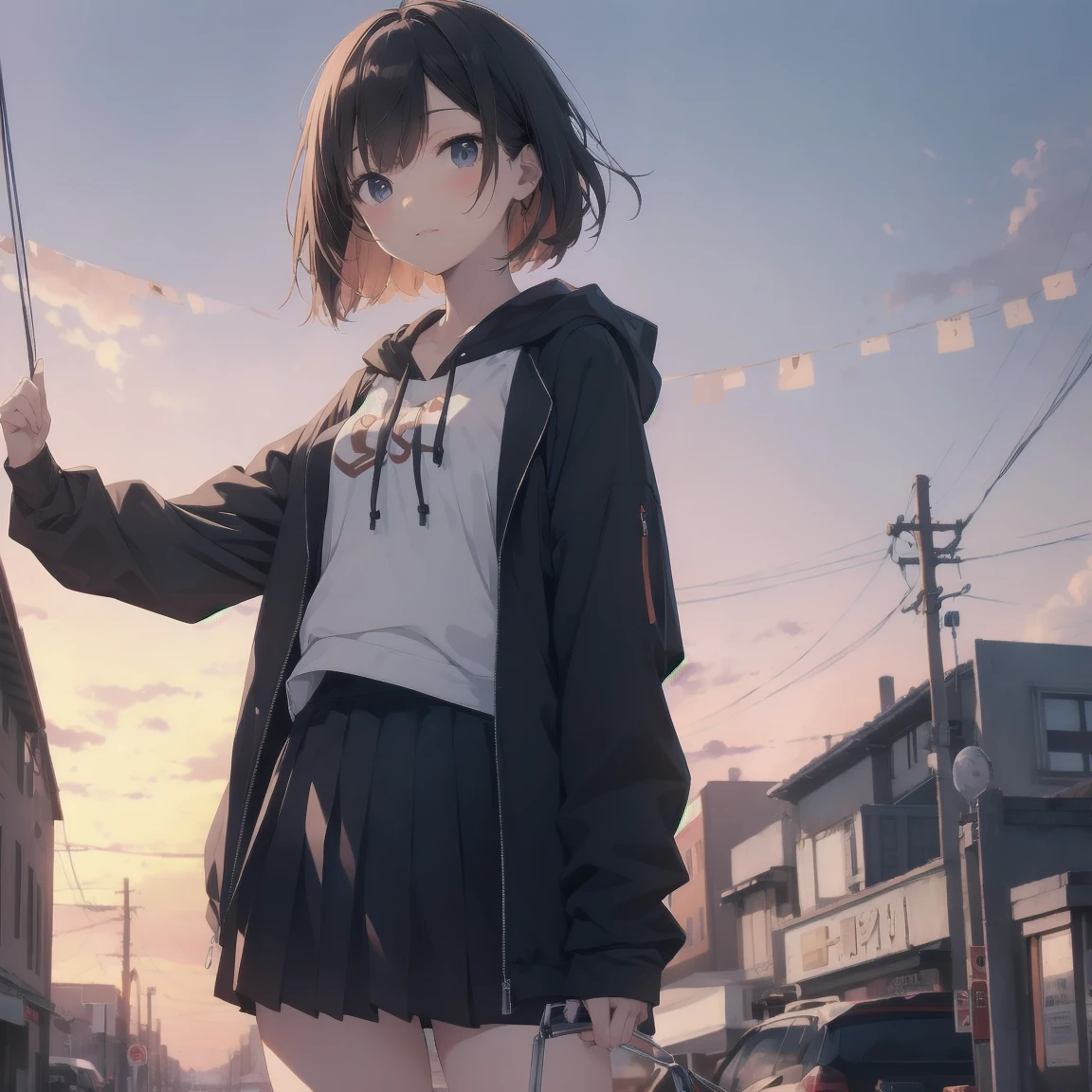 anime, Highest quality, masterpiece, High resolution, stylish, One person, middle School girls, Short Bob, Full Bang, Small breasts, Beautiful attention to detail, Food Up, hoodie, mini skirt, Pleated skirt, Thigh-high stockings, garter belt, In town, sunset, Outdoor, 非常にHigh resolution, so beautiful, 8k, cute