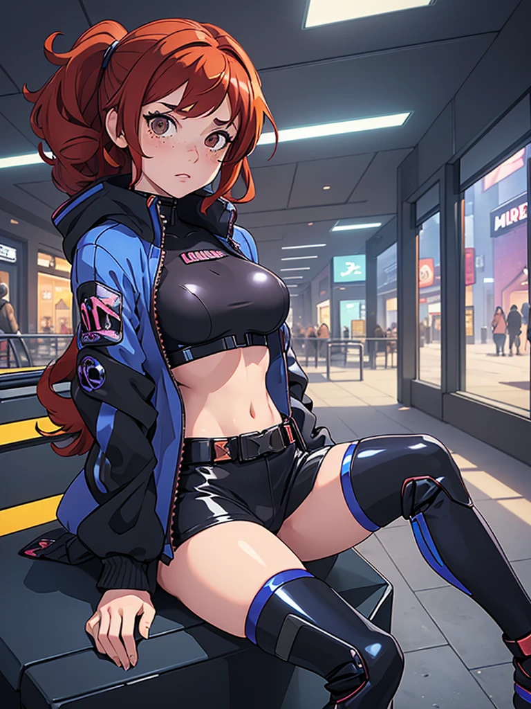 (masterpiece), (best quality), ((one girl)),alone, red hair,((brown eyes)),curly hair, anime style, freckles, (mall breast, (petite figure), blue and black cyberpunk jacket, legs, desert background