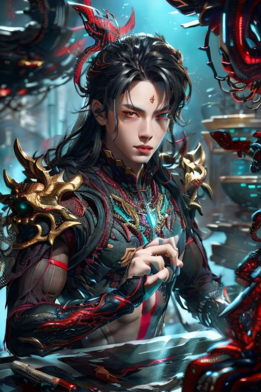 (Best Quality, 8K, Masterpiece, HDR, Soft Lighting, Picture Perfect, Realistic, Vivid), Male Humanoid Dragon (1.0),9 halo ring at back,circle shape ring at back super detailed,1 Guy, (((male))),light red lips, Perfect Face, Super Detailed Photo of a Magnificent Humanoid Dragon man with long black obsidian hair,red crimson eyes,red crimson eyes,eyes detailed,super ultra detailed eyes,reality eyes look((no noice)),Beautiful anime fantasy, background blur, anime fantasy, Gouves style work, realistic: 1.37, long black obsidian hair, full lips, (((Curvy guy))), (Ultra high quality fantasy art) , Masterpiece , male model, ultra high quality male character designs, detailed 8k anime art, realistic anime art, highest quality wallpapers, intricate ultra high quality accurate male characters faces, high quality design and accurate physics (fantasy - ultra high quality) art) , dark  fantasy style), masterpieces, super high-quality characters, anime resolution - 8K, realistic anime art, wallpapers with the highest quality illustrations, ultra-high detail of faces, high-quality design and accurate physics), color, depth of field, shadows, ray tracing, high quality execution. -high quality and 8K resolution, (Accurate simulation of the interaction of light and materials)], [High-quality hair detail [Read more about beautiful and shiny black obsidian hair]], (Beautifully detailed hands [perfect fingers [Perfect nails]]], (perfect anatomy ( perfect proportions)))) [[Full height]], [Perfect combination of colors (Accurate imitation of the interaction of light and material)], [art that conveys the meaning of the story](modified)