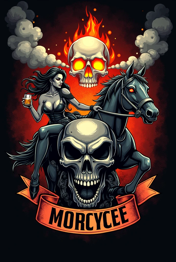 Motorcycle club crest written IRON HORSE with an engine releasing smoke, a sexy woman drinking whiskey and a skull on fire 