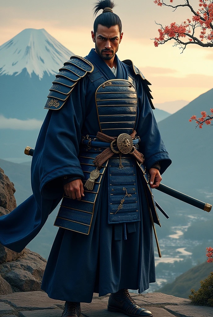 Attractive and strong Japanese man, Samurai, black and blue outfits.