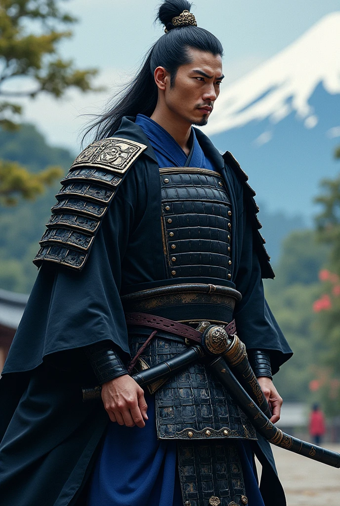 Attractive and strong Japanese man, Samurai, black and blue outfits.