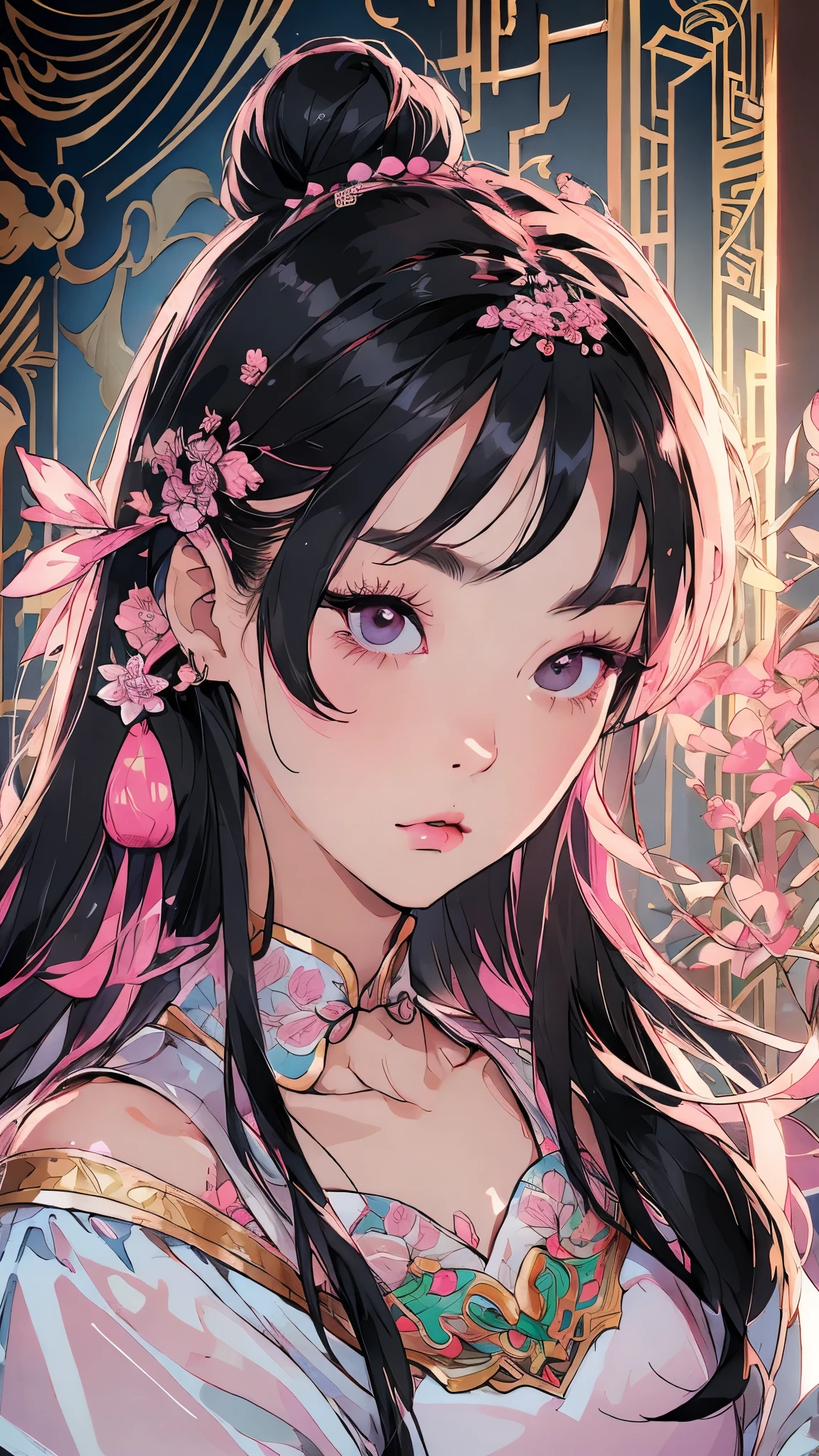 Beautiful and charming Chinese woman、Half-body photo、Delicate and sexy collarbone、Attractive oval face、double eyelid、Close ~ eyes、Pink Lips、Small Nose、pout、Concentrated face、Look Up、Face close-up、Black Hair、Bun Hair、Ultra-high resolution、Super detailed、Pink china clothes、Fighter