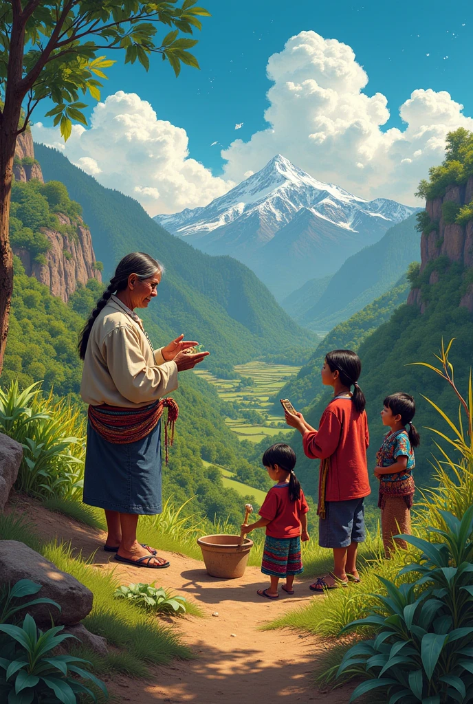"A scene set in the Andes mountains of Bolivia, showcasing indigenous people engaged in ancient practices of agriculture and astronomy. In the foreground, elders teach younger generations about the cultivation of crops on terraced andenes, while in the background, others study the stars with traditional tools, integrating their deep knowledge of the cosmos. The environment is lush with native plants, and the people wear traditional clothing that reflects their rich cultural heritage. The scene captures the harmony between the community and their natural surroundings, highlighting their respect for and adaptation to the environment over centuries.",