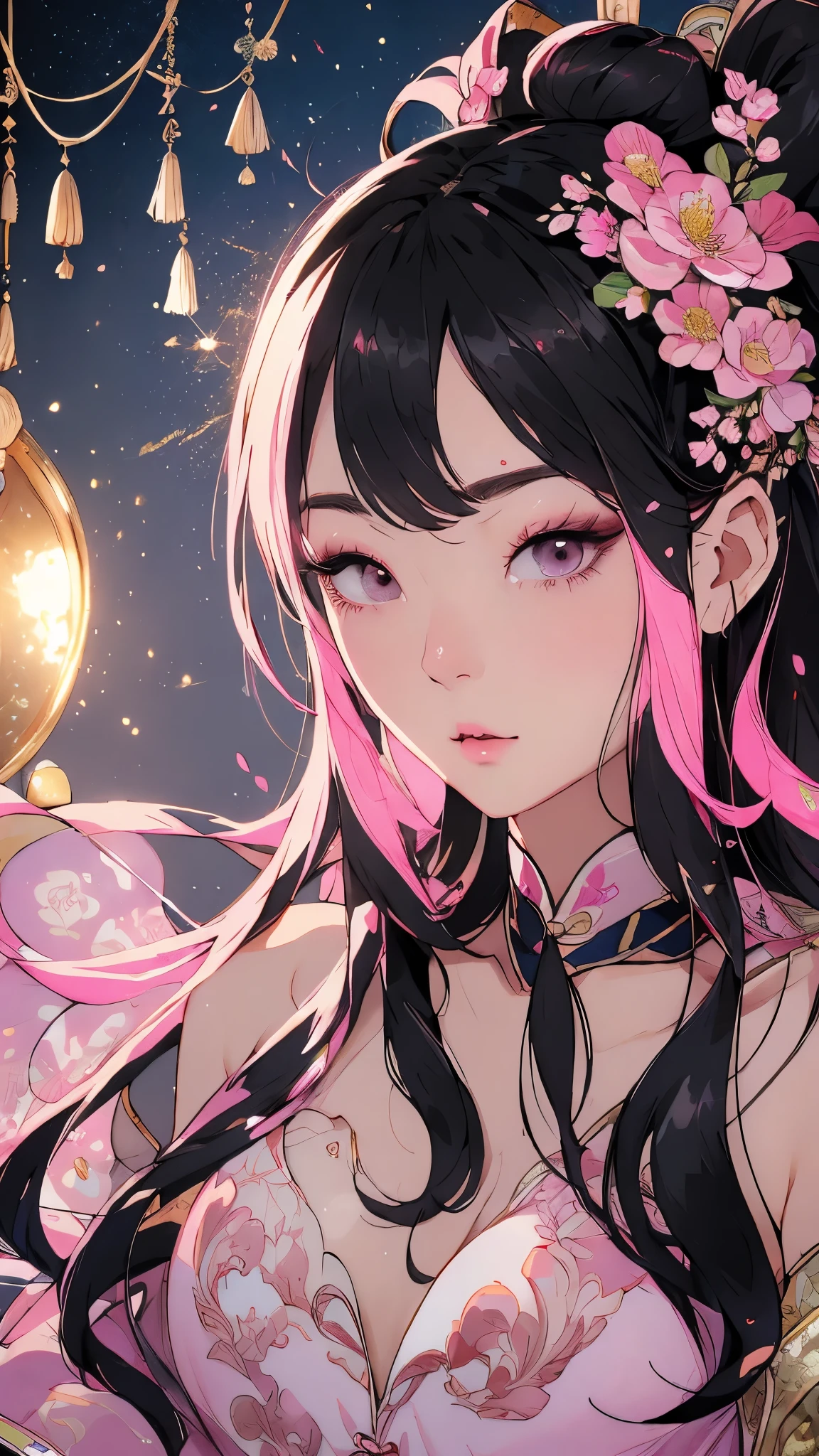 Beautiful and charming Chinese woman、Half-body photo、Delicate and sexy collarbone、Attractive oval face、double eyelid、Close ~ eyes、Pink Lips、Small Nose、pout、Concentrated face、Look Up、Face close-up、Black Hair、Bun Hair、Ultra-high resolution、Super detailed、Pink china clothes、Fighter