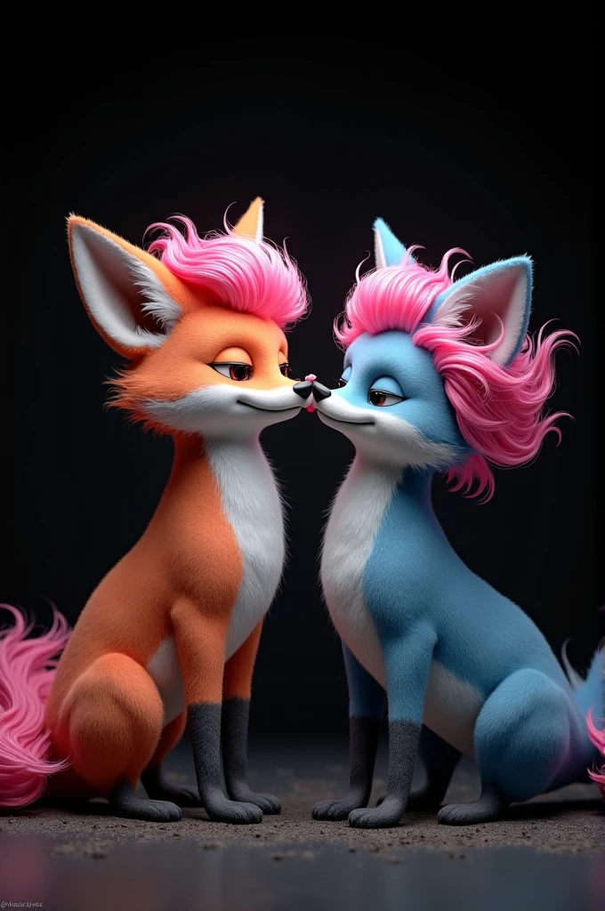 A fox and a whale together with pink hair posing on a black background