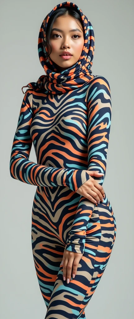 The beautiful,thin,most pretty and clever Asian muslimah woman with beautiful cheeks wears zebra print lycra footed turtleneck unitard catsuit covered with stripes and zebra print lycra elastane stretchy dancewear chiffon hijab covered with stripes.