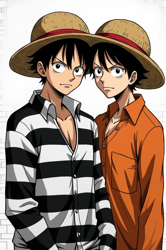 Monkey D. Luffy in a black and white striped long-sleeved prison uniform and Monkey D. .... Luffy in orange long sleeve prison uniform Original anime One Piece