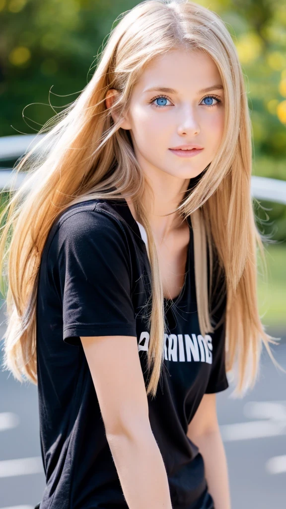 make a blonde skinny girl with blue eyes and black t-shirt that so kind and her skin is si light