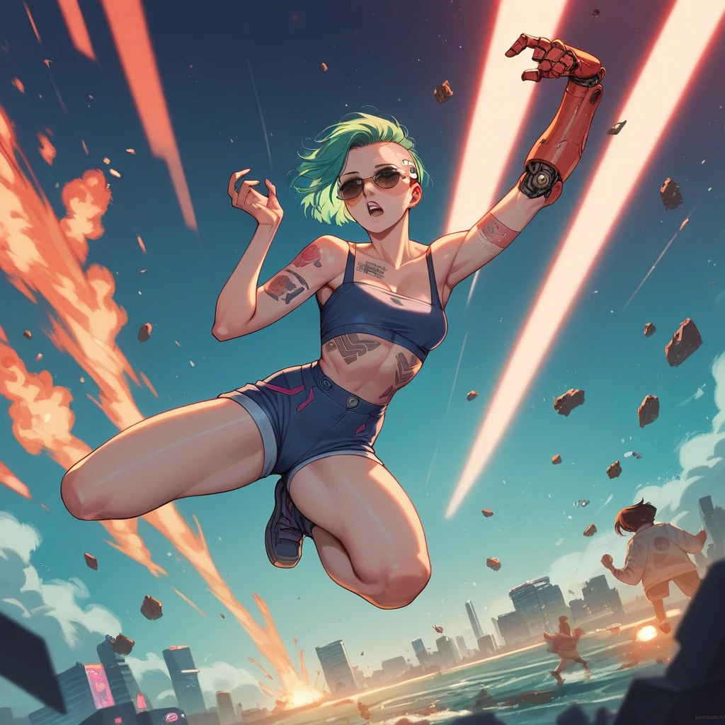 1 cyberpunk girl, sunglasses, short hair, robotic arm, tattoo on a large part of the body , jumping pose ,big cyberpunk city at night in background, detail richness, masterpiece, best quality, explosion of flashy colors , cyberpunk 2077 style