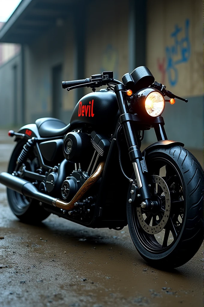 Motorcycle with devil name sticker on the side of the motorcycle