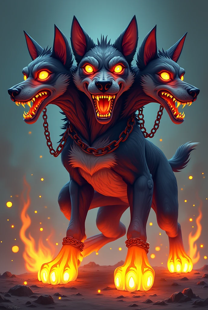 create a three headed dog animal with saber teeth with fire calling eyes with long spleens and big fire legs and chains around front back right and left cartoon