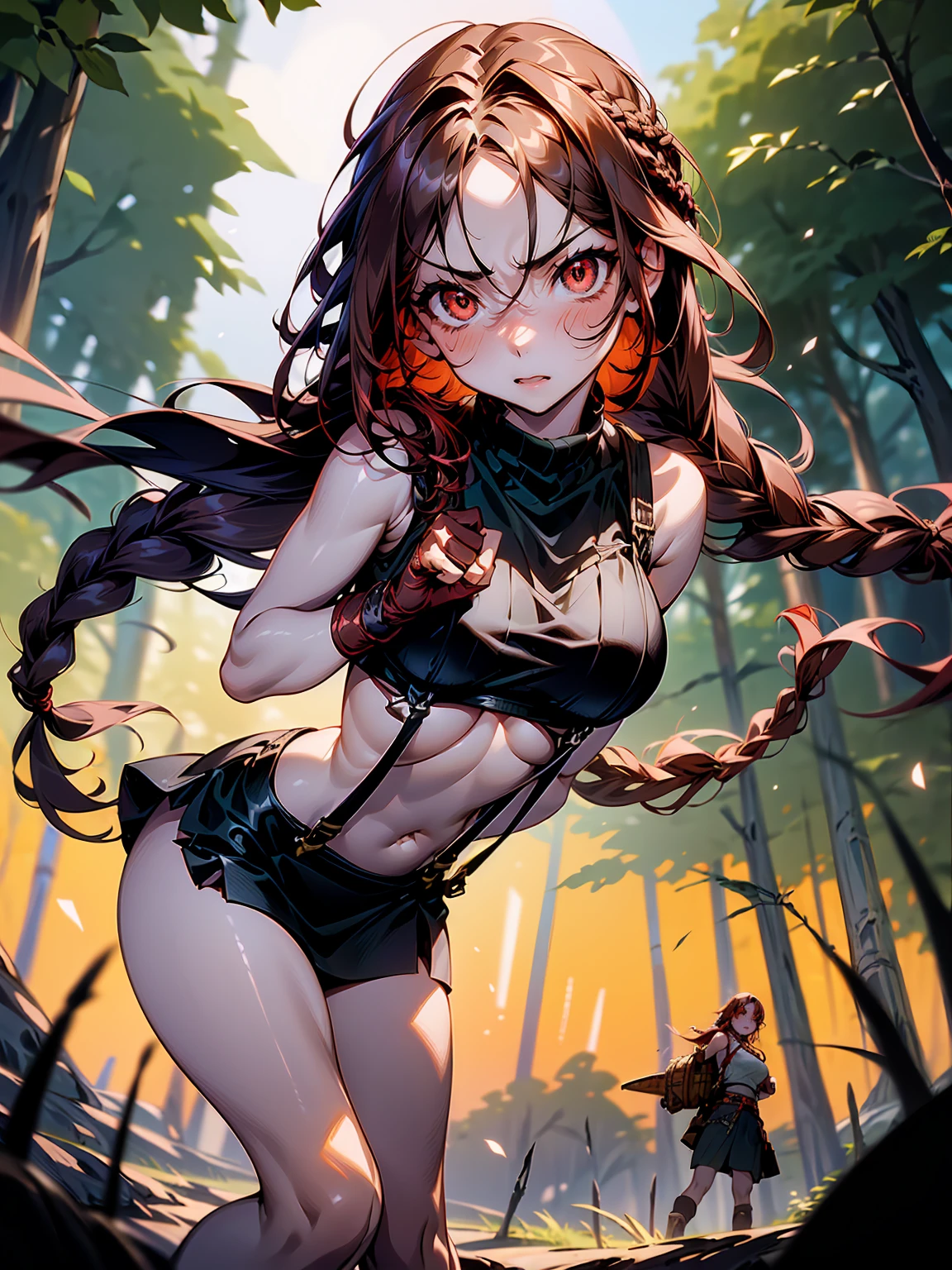 1female, sexy, big breast, young adult, finely detailed red eyes, wild long hair, braided hair, dark brown color hair, adventurer gear, suspenders, sleeveless crop top sweater, baggy combat skirt, night time, dark forest, somber expression, flowers, blushing, standing on path, lanturns, black armband, mma gloves
