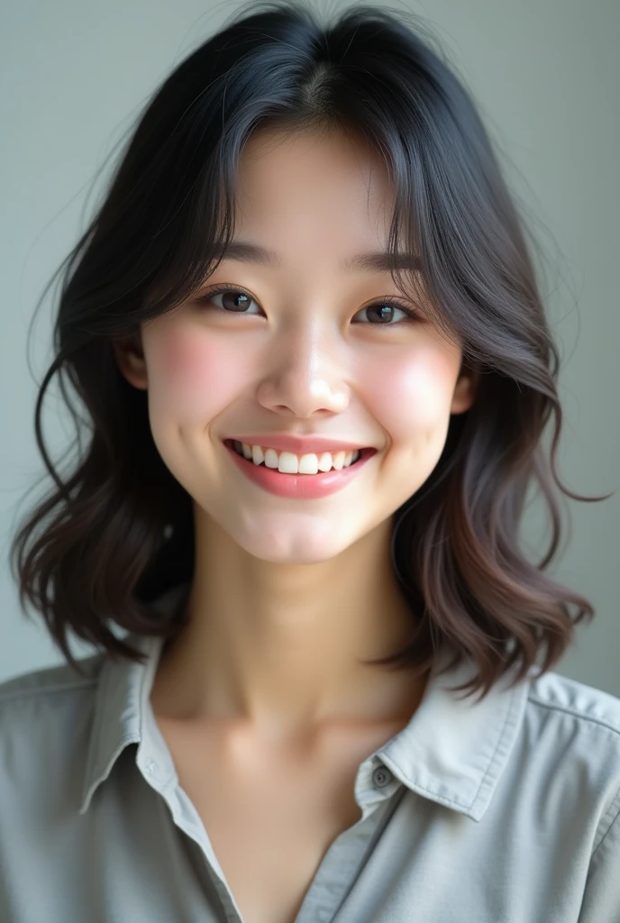 ((Highest quality)), ((masterpiece)), (detailed), Perfect Face, Japanese, woman, Face and body facing forward, Very smiling, Cheerful pose, 1 person, very cute, (Photorealistic, High resolution:1.4), Staring at the audience, (Simple Background:1.4), Realistic, Glowing Skin, Very smiling, blouse, monotone, university student