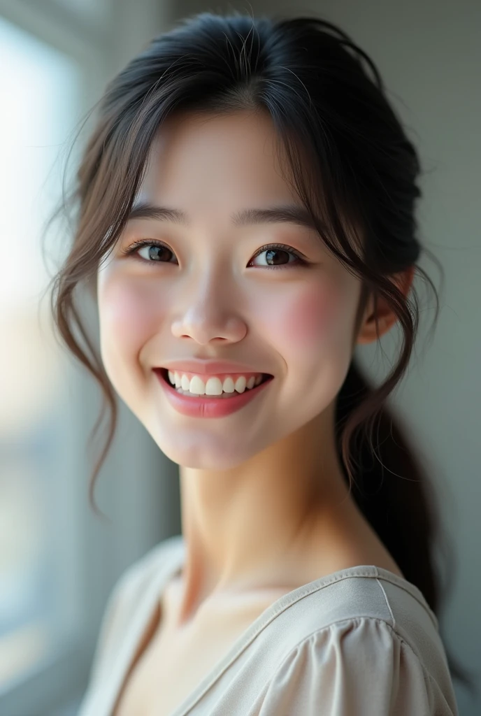 ((Highest quality)), ((masterpiece)), (detailed), Perfect Face, Japanese, woman, Face and body facing forward, Very smiling, Cheerful pose, 1 person, very cute, (Photorealistic, High resolution:1.4), Staring at the audience, (Simple Background:1.4), Realistic, Glowing Skin, Very smiling, blouse, monotone, university student