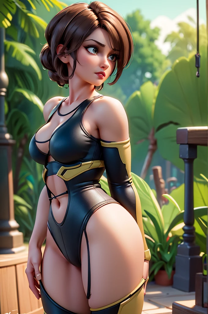 a 30 years old woman with beautiful detailed eyes, beautiful detailed lips, extremely detailed eyes and face, long eyelashes, brown hair, toned body, big breasts, wide curvy hips, big ass, sports bra and spandex shorts, disney, pixar, digital painting, realistic, photorealistic, high quality, (best quality,4k,8k,highres,masterpiece:1.2),ultra-detailed,(realistic,photorealistic,photo-realistic:1.37),HDR,UHD,studio lighting,ultra-fine painting,sharp focus,physically-based rendering,extreme detail description,professional,vivid colors,bokeh, side view, front shot