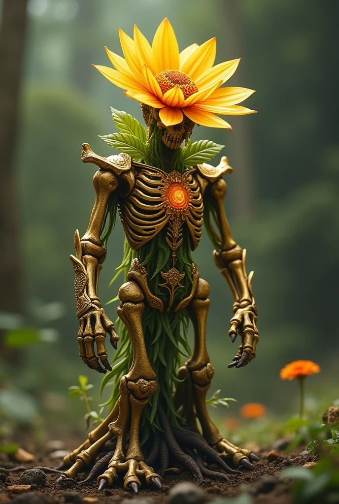 A small golden humanoid plant with a flower in the middle of its chest, wearing human bone armor with roots instead of feet and control of the four elements.