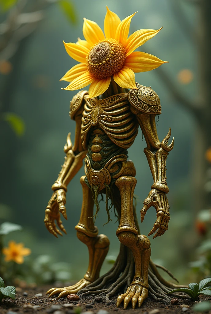 A small golden humanoid plant with a flower in the middle of its chest, wearing human bone armor with roots instead of feet and control of the four elements. 