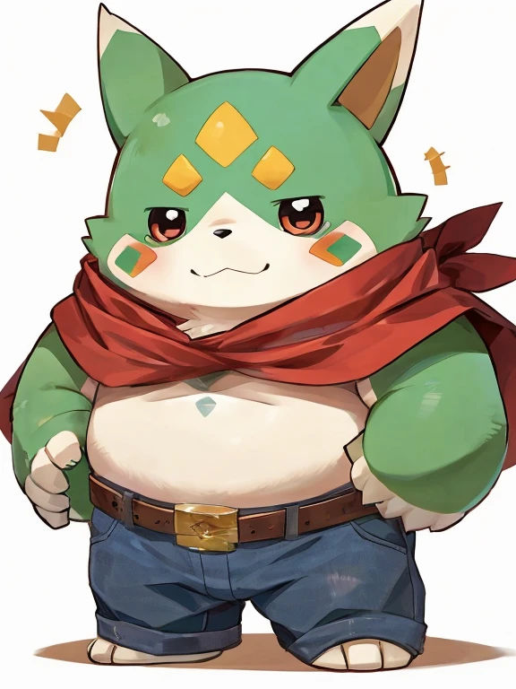 gargomon(Digimon)、Green Ear、Red pattern on face、Round eyes、Jeans on the lower body、Upper body naked、official、anime、Big, long ears