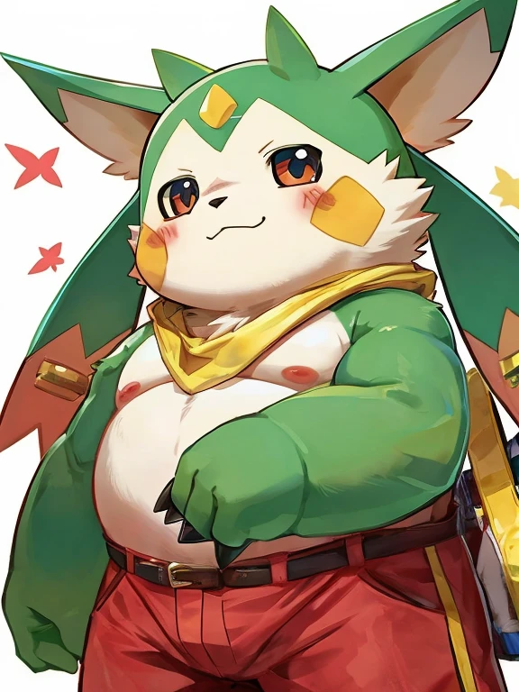 gargomon(Digimon)、Green Ear、Red pattern on face、Round eyes、Jeans on the lower body、Upper body naked、official、anime、Big, long ears
