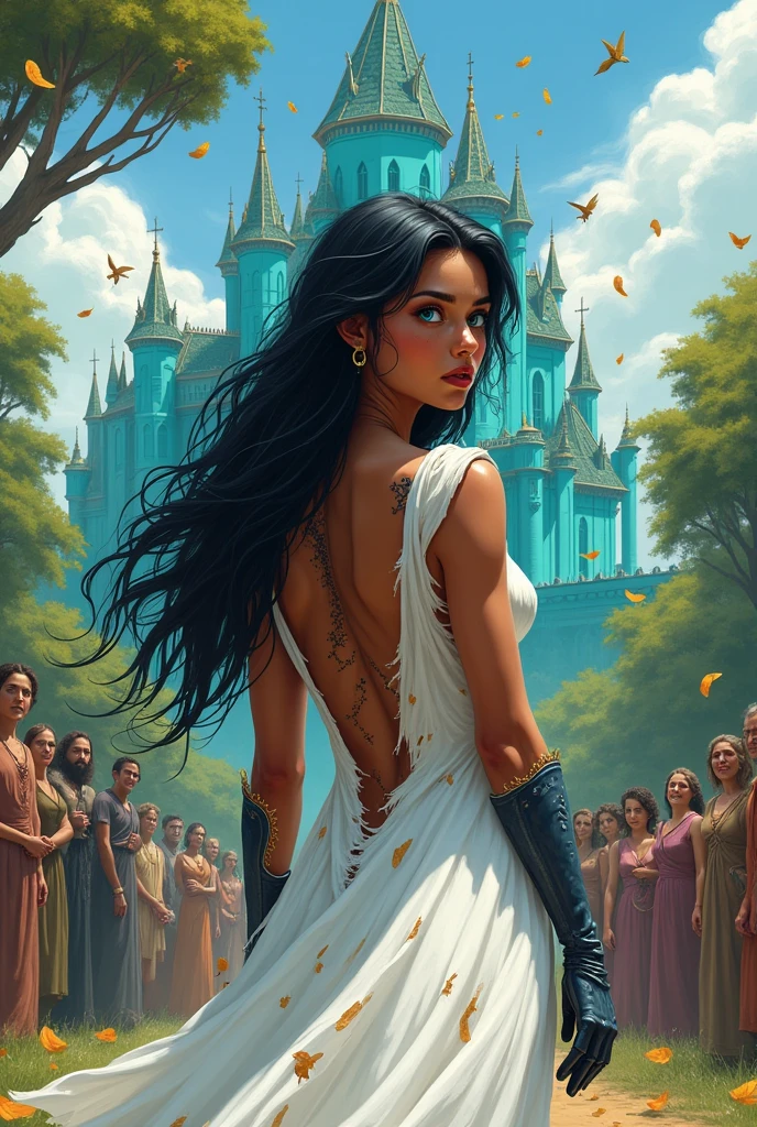 Caramel-skinned princess with long black hair and vibrant blue eyes. your hands are wearing a pair of iron gloves that cover your fingers. She is wearing a white wedding dress that is ripped and shows her back with a vertical tear.. She is looking at a turquoise palace and is scared. There are many people looking at her with disgust. There are birds in the sky and a green forest behind the palace.
 Golden leaves fall from the blue sky. There are black and gold veins popping out from her bare back. From the palace window a red-haired king watches her. Realistic illustration like fairy tales.