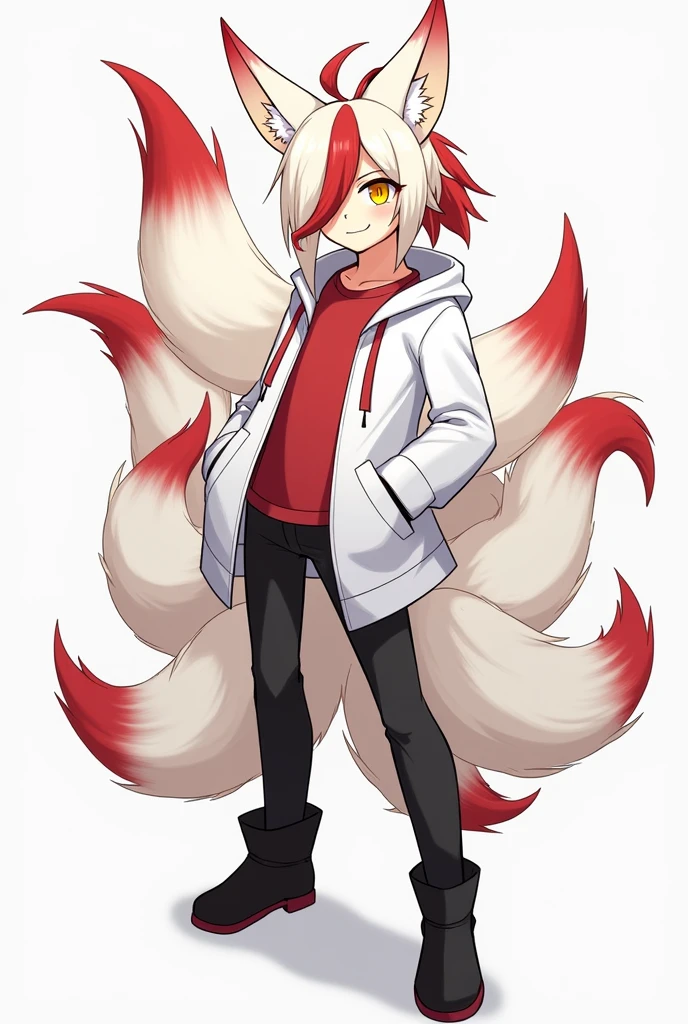 Create a male Kitsune character with half white and half red hair, with a ponytail, with the hair covering the eye a little on the left side, yellow  eyes, eyes large, humanoid, with ears and nine tails with red tips and white tails, o nome dele é Kito Kaiiatsubaky, Men&#39;s White Windbreaker Jacket with Red Shirt, black pants and men&#39;s black boots, with black gloves, Personalidade: always cheerful and lively and willing to protect his friends and companions.