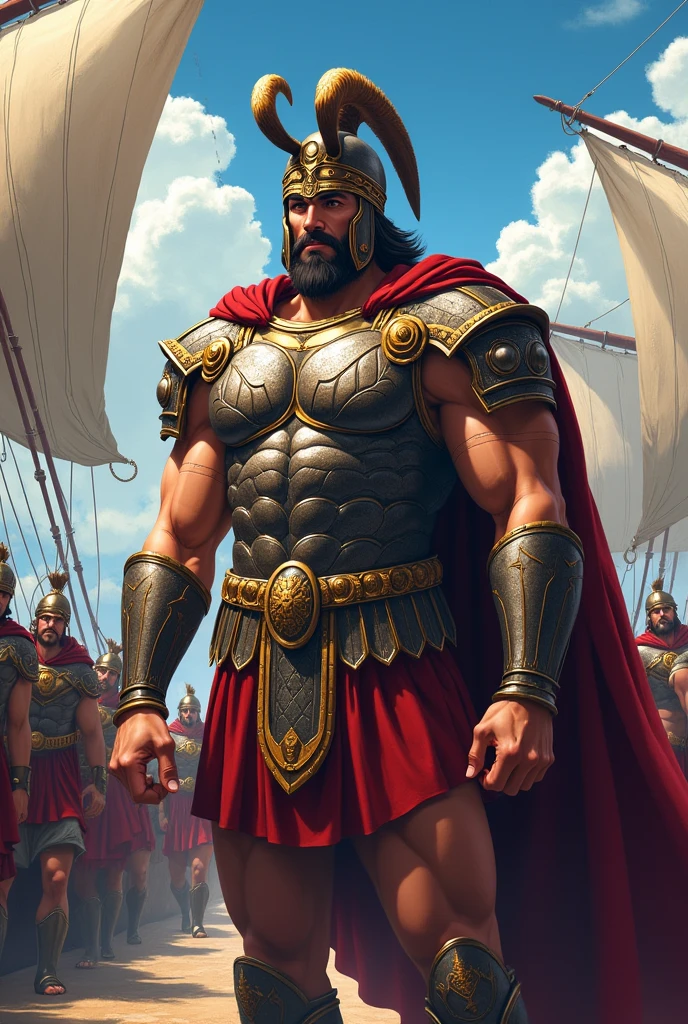 Agamemnon from Greek mythology, leading the army to the Trojan War, ((anime styling)), detailed mycenaean armor, maximum quality, wearing a horned Mycenaean helmet. 