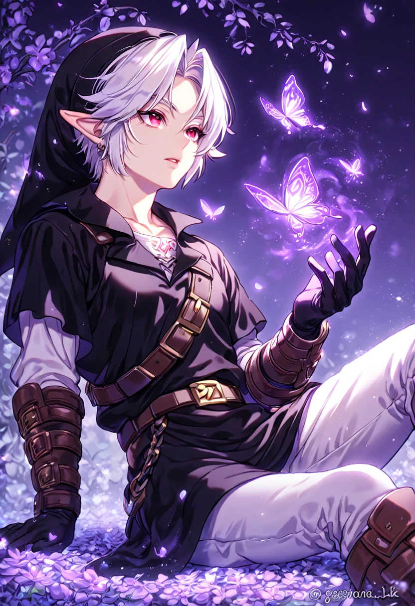 absurdres, highres, ultra detailed, HDR, master piece, best quality, extremely detailed, Dark Link, white hair, expressive red eyes, The Legend Of Zelda Ocarina Of Time, solo, sexy man sitting, sensual, handsome, black tunic, black hat, black gauntlets, white pants, under a purple tree, fantasy, magical, purple glittering fireflies, purple butterflies, purple flames, glass magic, purple leaves