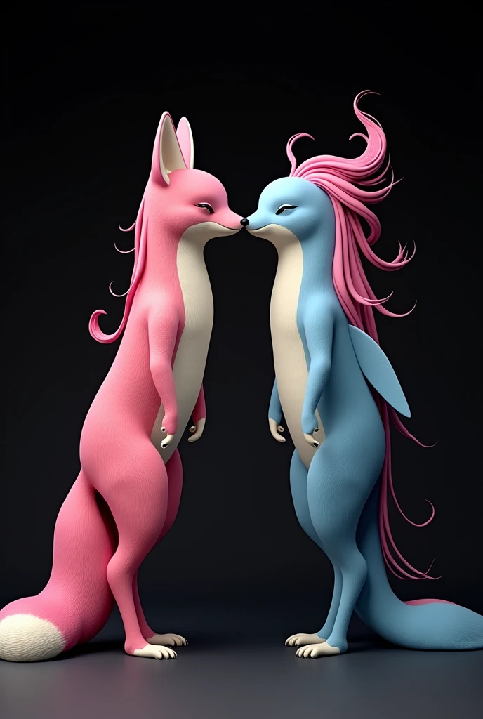 A fox and a whale together with pink hair posing on a black background 