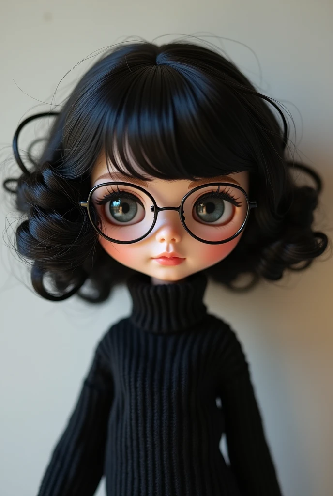  Make a blythe doll with short curly hair that goes down to the shoulder with black hair swept to the side,like a Chanel cut,with thin but round framed glasses,with a black turtleneck on the outfit