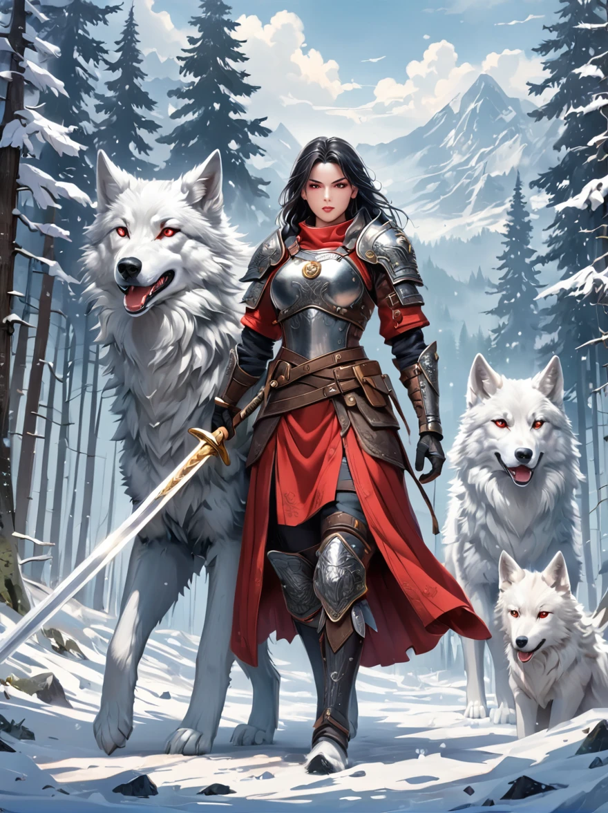 north female warrior,Wears a steel breastplate with wolf decoration,Lined with wolf leather,Lined leather amulet,Black long hair,Violet eyes,Wielding a long sword,(1 red-eyed albino direwolf standing beside her),Mountains,Quiet snow forest,full-body shot,Cartoon Style,Super Detail,Anatomically correct, masterpiece, accurate, textured skin, super detail, high details, award winning, 8k