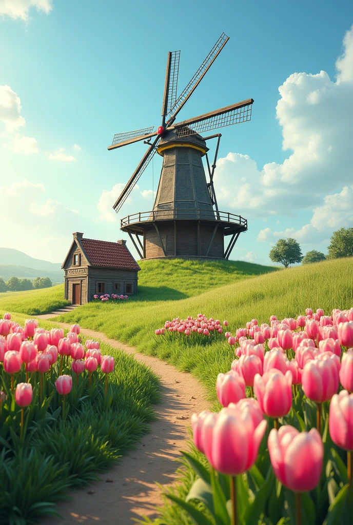 Large windmill on a green field with paths many light pink tulips and on the path a vintage library with wicker basket with tulips on a beautiful sunny day