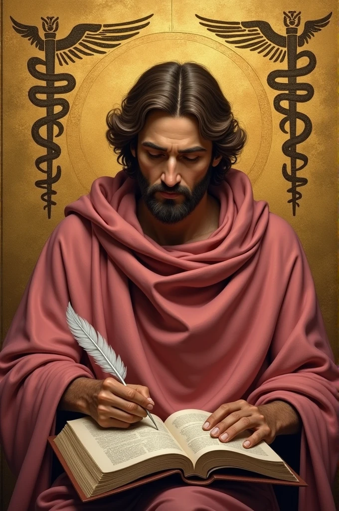 apostle saint matthew, with pinkish red cloak, writing in your book with a "Feather pen", and in the background a golden wall with a caduceus symbol painted on the side.
