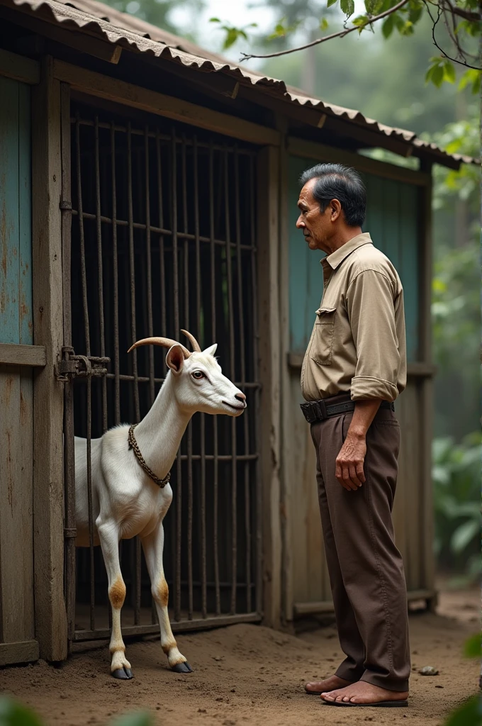 Malay man and goat behind cage