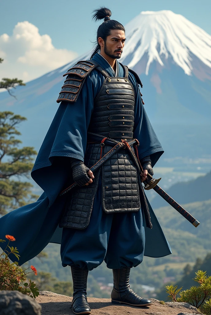 Attractive and strong Japanese man, Samurai, black and blue outfits.