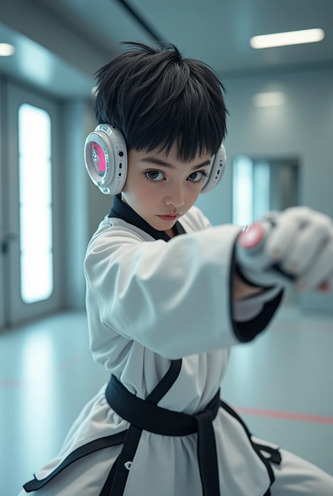 A white lgbt boy who does martial arts wearing a visor with black hair 