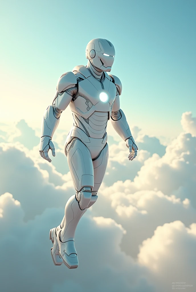 Iron Man in a white suit flies in the sky.