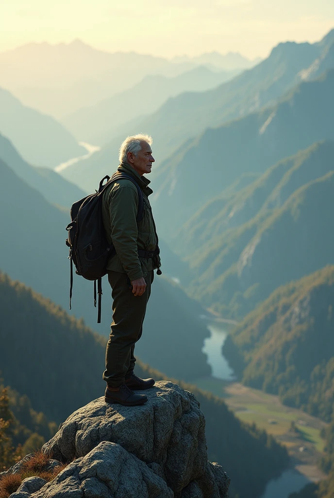 Older Alex at the mountain peak, looking out over the horizon with a satisfied and contemplative expression.